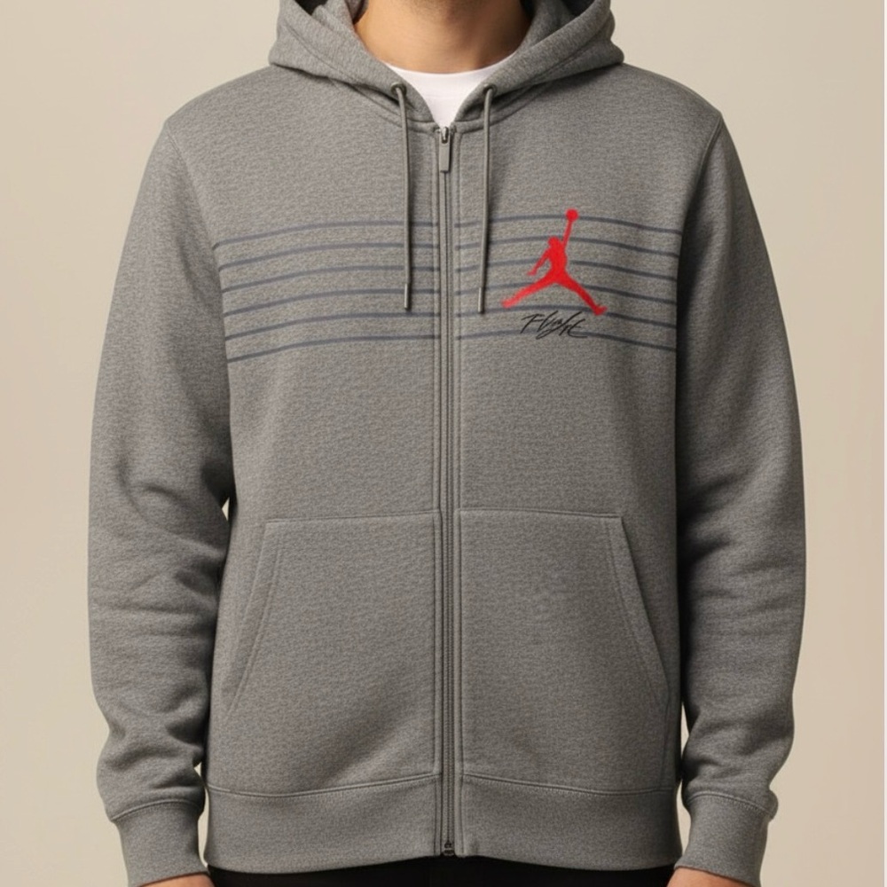 Jordan Gray Zip-Up Flight Hoodie with Red Accent Size Large